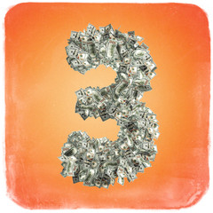 The Number 5 made from new 100 Dollar bills on a orange background - 3D Rendering 
