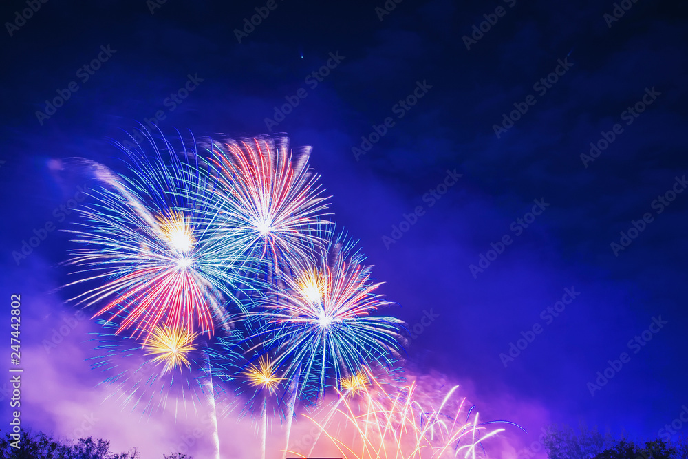 Poster brightly colorful fireworks on twilight background