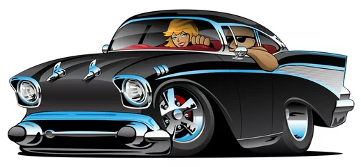 Wall murals Cartoon cars Classic American hot rod fifties muscle car cartoon with a cool man and cute blonde woman cruising, low profile, big tires and rims, jet black paint, isolated vector illustration