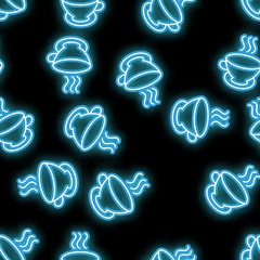 Seamless pattern, texture abstract neon bright glowing flashing blue from icons, glasses with hot coffee, tea and copy space on black background. Vector illustration