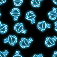 Tapeten Tee Nahtloses Muster, Textur abstraktes Neon hell leuchtendes Blau von Symbolen, Gläser mit heißem Kaffee, Tee und Kopienraum auf schwarzem Hintergrund. Vektor-Illustration