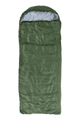 green sleeping bag, laid out, top view, on a white background