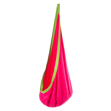 Red Hammock In The Shape Of A Cocoon, For Outdoor Recreation, On A White Background