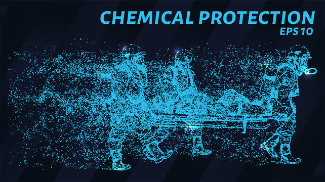 Chemical protection of particles on a dark background. Rescuers from circles and points.