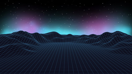 3d sci-fi retro connection background. Wireframe topography landscape. Blockchain and crypto currency technology background. Digital landscape. HUD elements. Big data and artificial intelligence.