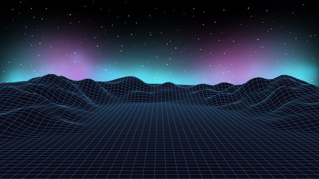 3d sci-fi retro connection background. Wireframe topography landscape. Blockchain and crypto currency technology background. Digital landscape. HUD elements. Big data and artificial intelligence.