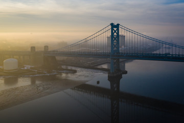 Aerial of Foggy Sunrise Benjamin Franklin Bridge