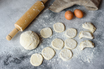 Preparation dough and production of circles from dough for preparation of dumplings with a stuffing. It can be used as a background