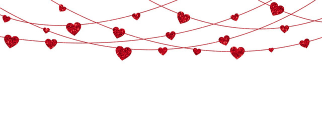 white valentine's day background with hanging red hearts