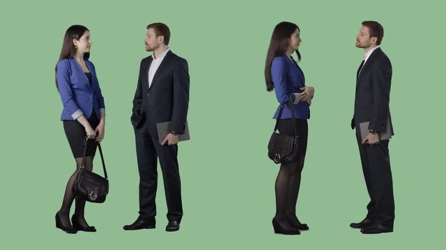 Attractive young woman and respectable businessman are standing and talking. Transparent background