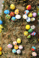 Easter eggs exposed in front of the parish church of St. Stephen in Wasseralfingen, Germany