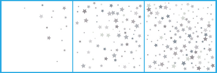 Silver glitter falling stars. Silver sparkle star on white background. Vector template for New year, Christmas, birthday, party, wedding, card, invitation, flyer, voucher, web, header.