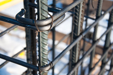 Part of the structural element of the reinforcement. Concrete work. Construction site. Construction of a new building.