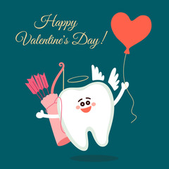 Dental valentine card. Cartoon tooth Cupid with bow, arrows and balloon heart. Happy Valentine's Day! Greeting from dentistry.