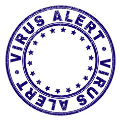 VIRUS ALERT stamp seal imprint with grunge texture. Designed with round shapes and stars. Blue vector rubber print of VIRUS ALERT title with corroded texture.