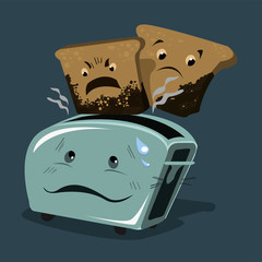 Toaster with overcooked burnt bread. Different emotions on the same situation.