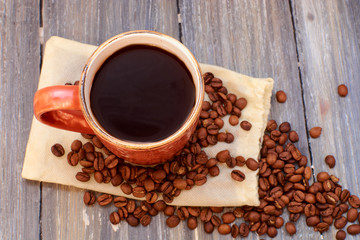 coffee mug on a wooden background of