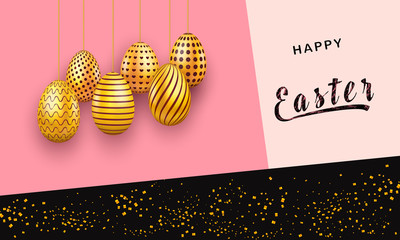 Easter invitation card on abstract design with decorated hanging golden eggs and confetti. Greeting card for holiday banner promo design. Vector illustration