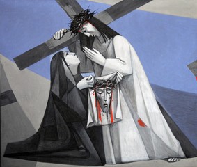 Fototapety  6th Stations of the Cross, Veronica wipes the face of Jesus, Church of the Holy Trinity in Gemunden am Main, Germany