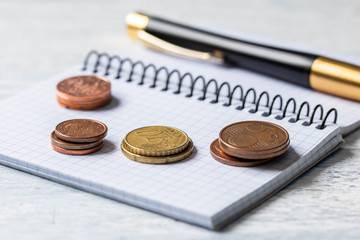 Business, finance or investment concept. Coins, checkbook or notebook and fountain pen. White wooden background.