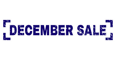 DECEMBER SALE text seal watermark with grunge texture. Text label is placed between corners. Blue vector rubber print of DECEMBER SALE with retro texture.