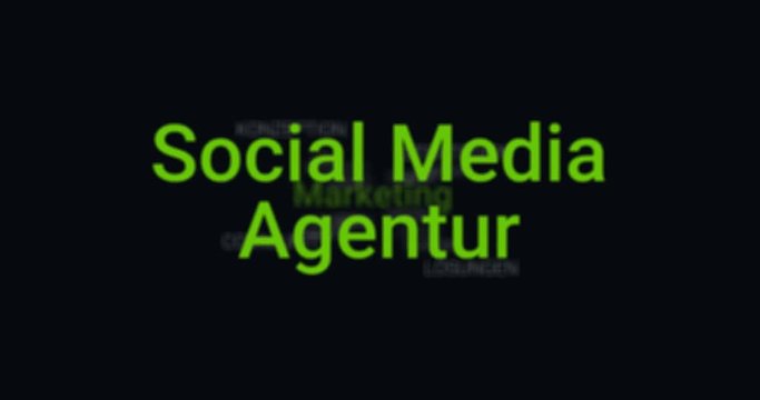 Animation welche die Service-Leistungen einer Social Media Agentur zeigt (z.B. Marketing, Werbung, Analyse, SEO). Schwarzer Hintergrund, grüner Text