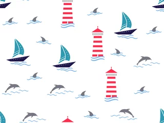 Wall murals Out of Nature Marine, lighthouse, sailboat seamless pattern. Yachts, boats, dolphins, cute doodle baby elements. Sea summer background. Childish background for fabric, baby clothes, Hand drown design for boys.