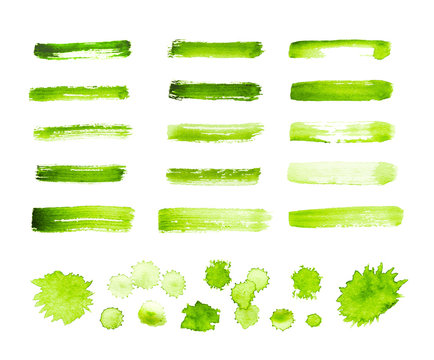 Green Watercolor Strokes And Stains Isolated On White Background