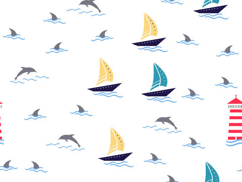 Marine, lighthouse, sailboat seamless pattern. Yachts, boats, dolphins, cute doodle baby elements. Sea summer background. Childish background for fabric, baby clothes, Hand drown design for boys.