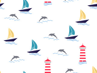 Marine, lighthouse, sailboat seamless pattern. Yachts, boats, dolphins, cute doodle baby elements. Sea summer background. Childish background for fabric, baby clothes, Hand drown design for boys.