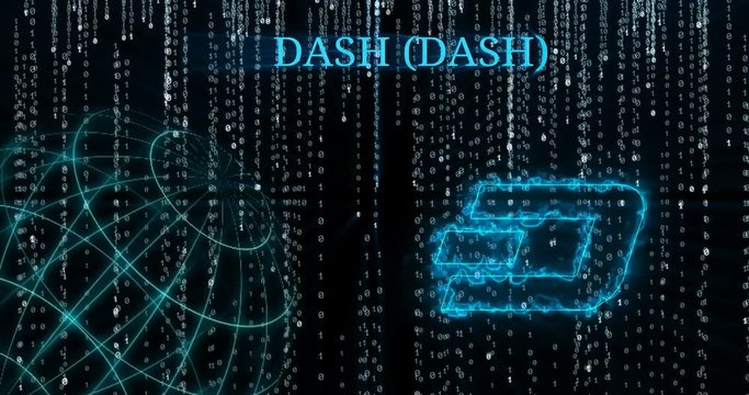 Glowing Dash (DASH) symbol against falling binary code symbols