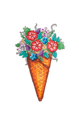Colorful flowers in ice cream cone - painting isolated on white, wildflowers still life 