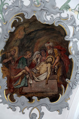 Jesus is laid in the tomb, Way of the Cross, fresco on the ceiling of the Church of Our Lady of Sorrows in Rosenberg, Germany