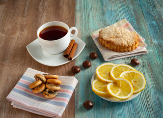 tea, bagels, candies, cookies lemons, puff pastry, mint, mint tea, black tea