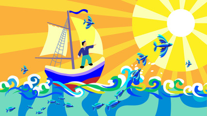 Children illustration wich sailship in open ocean and many flying fish jump over wawes