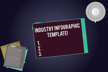 Writing note showing Industry Infographic Template. Business photo showcasing Pattern to use in creating visual image Tablet Screen Cup Saucer and Filler Sheets on Color Background