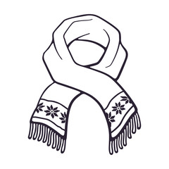 Vector illustration. Hand drawn doodle of winter scarf with snowflake pattern. Christmas accessory made of wool for cold weather. Cartoon sketch. Isolated on white background  