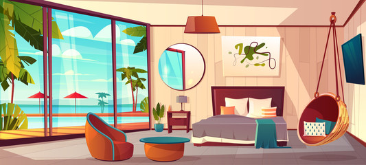 Vector cartoon interior of cozy hotel bedroom with furniture - double bed, carpet and terrace. Living apartment of tropical resort with big window, green plants. Summer rest. Colorful background.