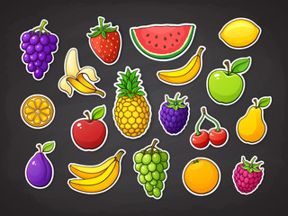 Vector illustration set of summer fruits. Strawberry, raspberry, blackberry, cherry, watermelon, apple, pear, banana, orange, lemon pineapple plum grape slice of watermelon Stickers with contour