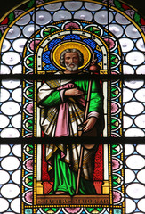 Saint James, stained glass window in parish church of St. James in Hohenberg, Germany