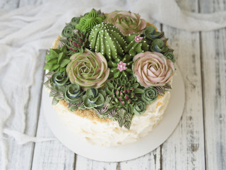 Cake decorated with creamy succulents on a wooden background with white fabric. Copy space, close...