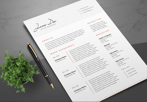 Resume Layout with Dark Orange Accents