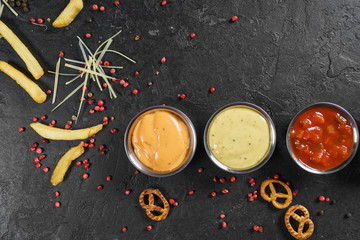 food background. french fries with ketchup, easy snack of the day