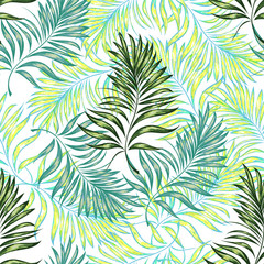 Seamless pattern of a tropical palm tree, jungle leaves. Vector floral pattern.