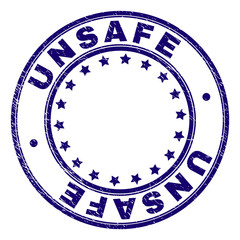 UNSAFE stamp seal watermark with grunge texture. Designed with round shapes and stars. Blue vector rubber print of UNSAFE label with grunge texture.