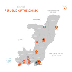 Stylized vector Republic of the Congo map showing big cities, capital Brazzaville, administrative divisions.