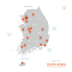 Stylized vector South Korea map showing big cities, capital Seoul, administrative divisions.