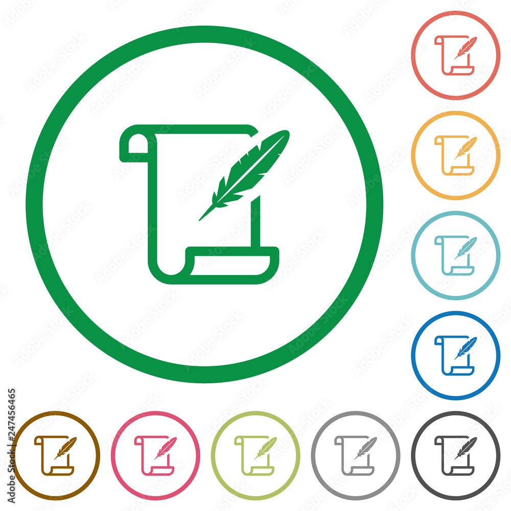 Poster paper scroll with feather flat icons with outlines