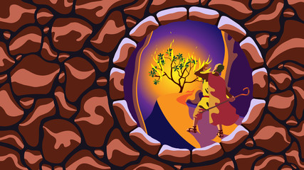 Moses before burning bush, icon of God revelation on mount Sinai