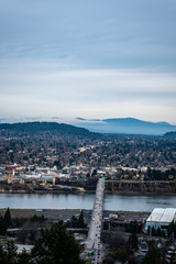 High view of Marquam bridge over the Willamette river in Portland, Oregon.